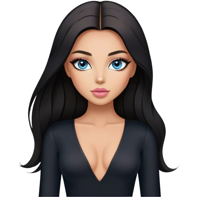 Glamours, tanned, beautiful, girl, with blue eyes, big pump peach-beige-rose lips, eyeliner, long lashes, black straight smooth silky long hair, parting hair in the middle,  in black v-neck bodysuit long sleeves emoji