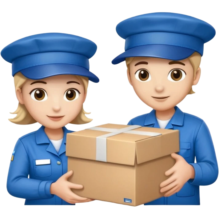 two suppliers in blue work uniforms wearing hat-style caps holding a big box together emoji
