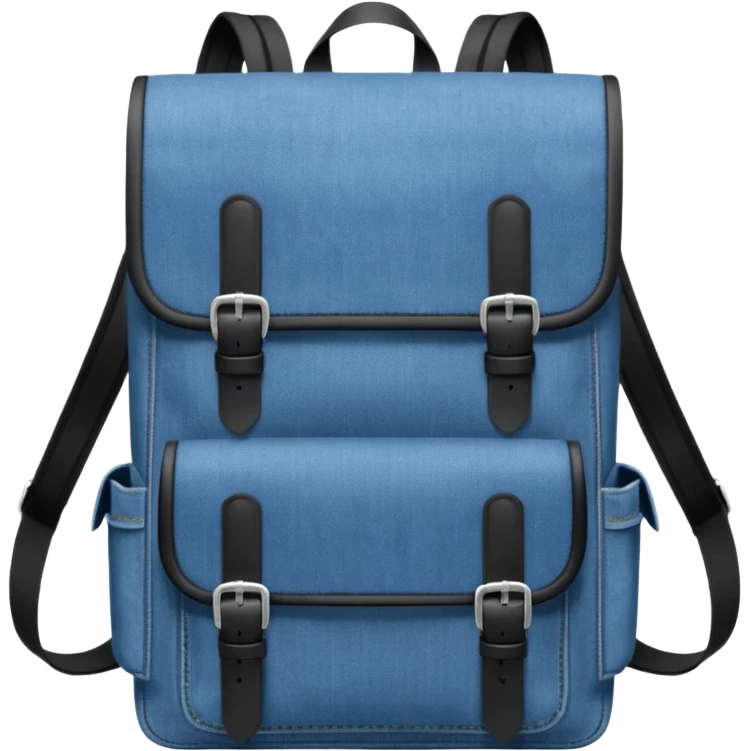 a blue denim backpack with a flap top, two vertical *black buckle straps* on the front. The backpack has two side pockets and a soft square shape. 

 emoji