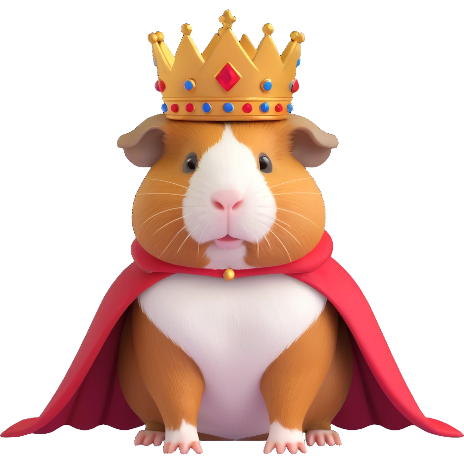 cute and expressive guinea pig wearing a royal crown and cape, regal pose emoji