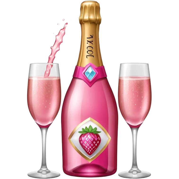 Realistic sparkling diamond glam hot pink champagne bottle with hot pink champagne in glass with strawberry ì> emoji