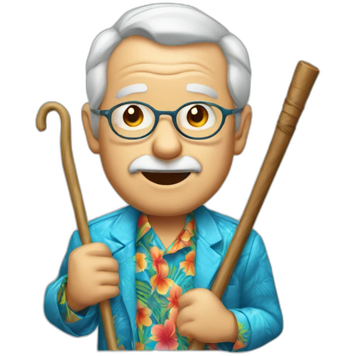 old man holding cane wearing blue Hawaiian shirt and jacket, kids face emoji