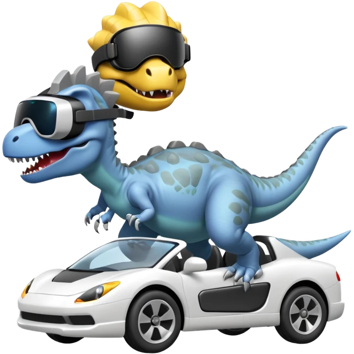 Dinosaurio  gris subido en un carro blanco tecnológico con lentes de realidad virtual emoji