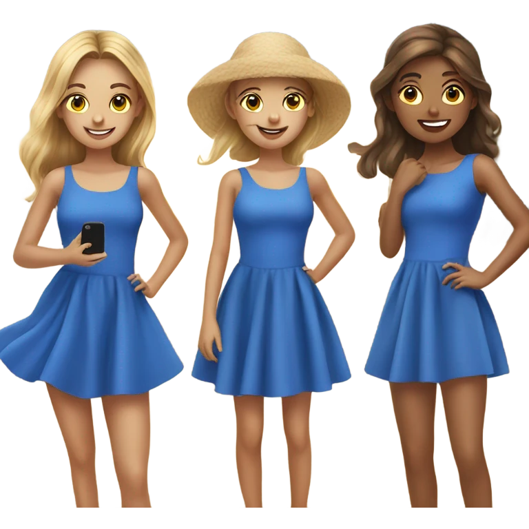 girls in blue dresses selfie on beach emoji