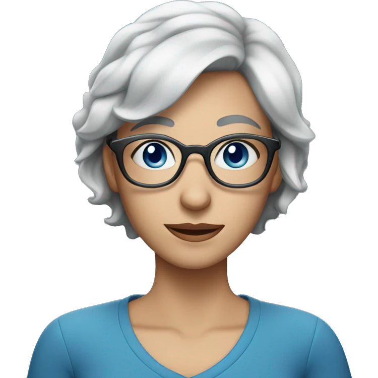 Woman with short gray hair, blue eyes and blue rimed glasses  emoji