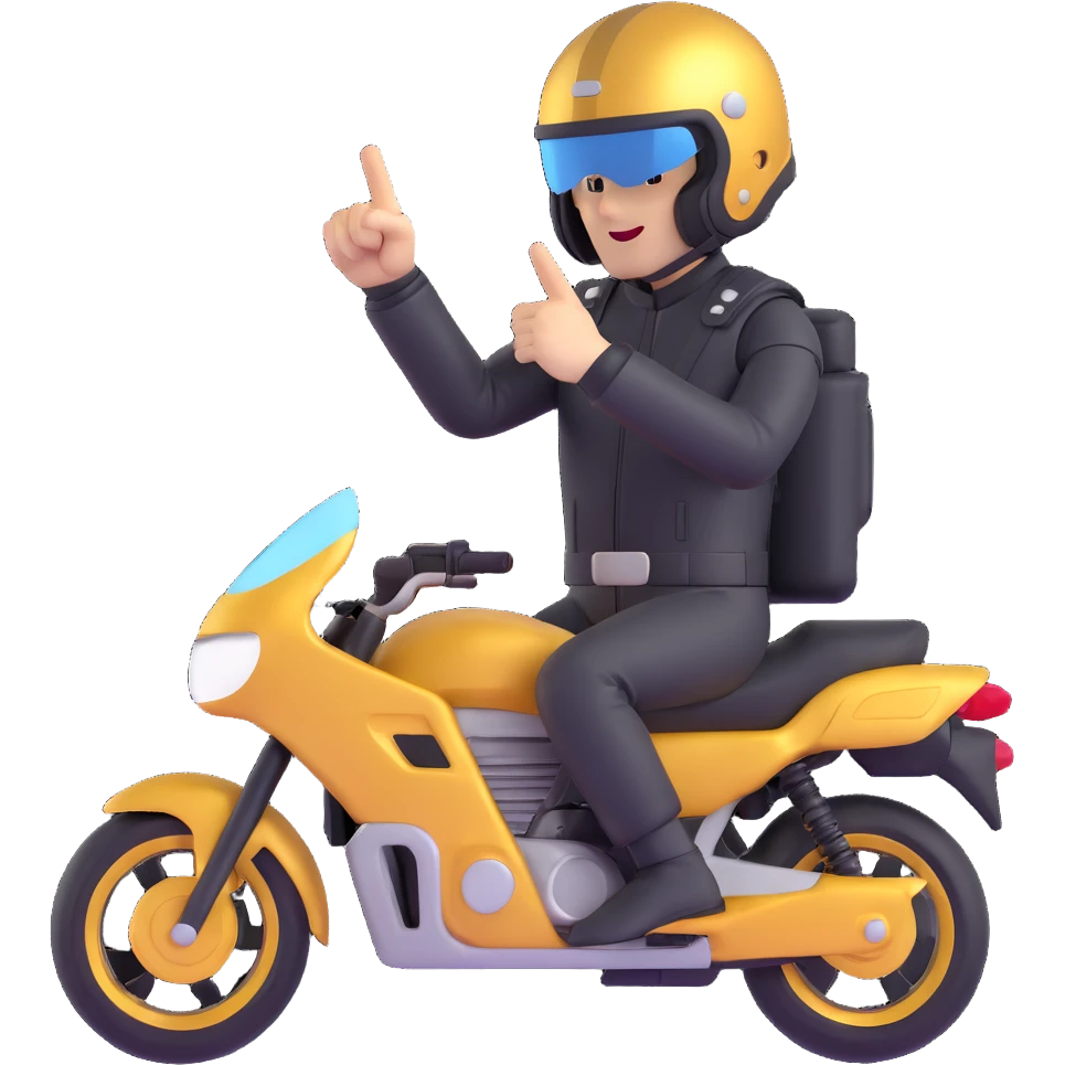 A motorcyclist in a black helmet with a golden visor flipping the bird emoji