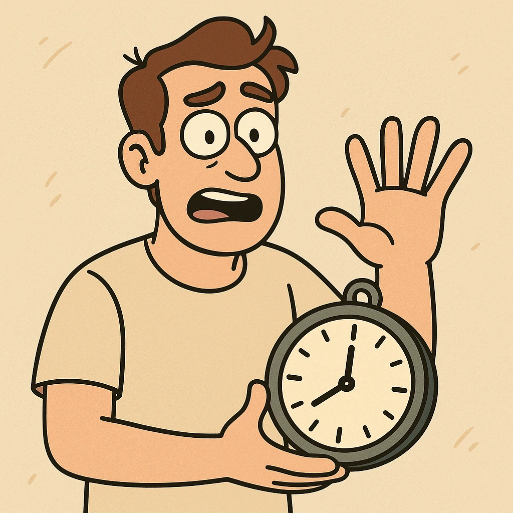 man holding a clock in one hand and counting to five with the other, clear gesture, expressive, simple background emoji