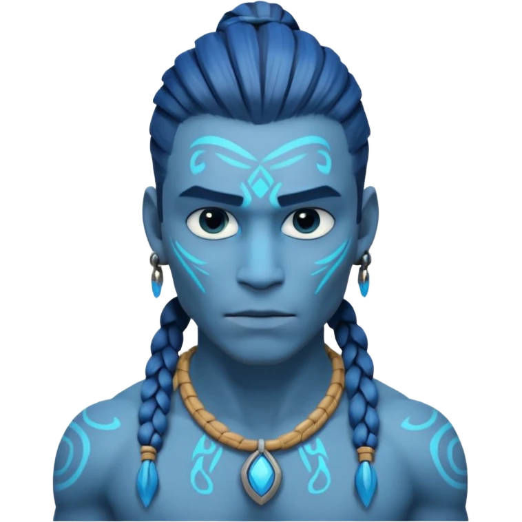 avatar-style Na’vi male portrait, head and shoulders only, blue skin, bioluminescent markings, strong face features, braided hair, tribal necklace, heroic expression, 3D cartoon, mobile game icon style, clean background, no text, no watermark
 emoji