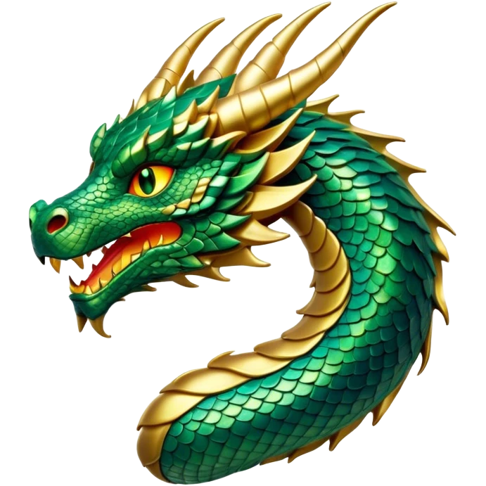 Cinematic Noble Dragon Portrait Emoji, Poised and majestic, with a sinuous, elongated body covered in intricately detailed, shimmering scales in hues of emerald and gold, and piercing, fiery eyes that reflect ancient wisdom; rendered with lifelike texture and natural highlights, high shine, intelligent and formidable, styled with an aura of mythic power, focused and attentive, soft glowing outline, capturing the essence of a legendary dragon that appears ready to soar out of the screen with timeless authority! emoji