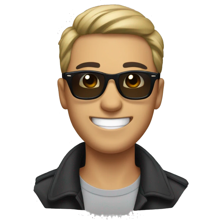 a guy with short black hair, thick brow, grinning, with rayban wayfarer emoji