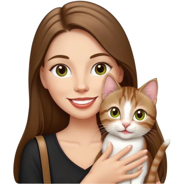 White Woman with VERY long straight brown hair, rosy lips and cheeks, chartreuse eyes, cute happy big smile holding a white and brown tabby kitten, wearing a black purse emoji
