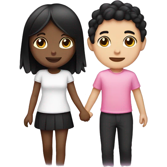 Emoji of a tan girl with black hair wearing pink and a white skin boy with black hair wearing black holding hands emoji