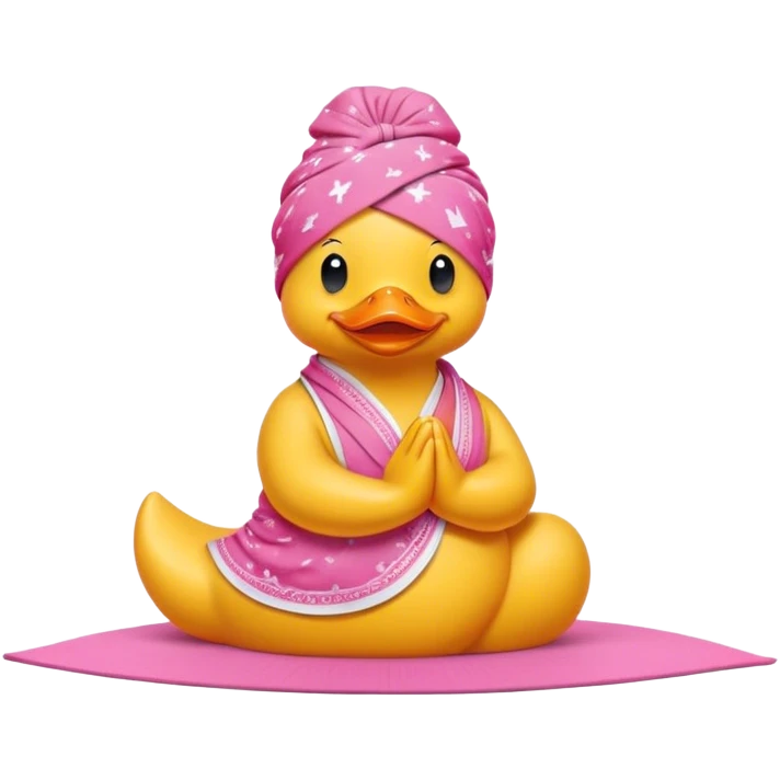 side view of yellow rubber duck with a pink bandana doing yoga while praying emoji
