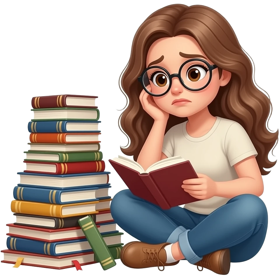detailed emoji illustration of a curvy woman with long light brown wavy hair, light brown eyes and round glasses sitting next to a huge pile of unread books, overwhelmed reader vibe, cute emoji style emoji
