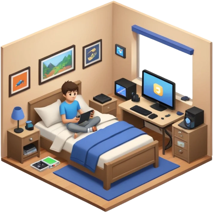 Teenage boy's ultra detailed bedroom interior isometric emoji