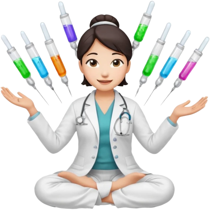 emoji of an asian woman with a single bun in a white lab coat sitting cross legged with a pipettes levitating in an arc around her head emoji