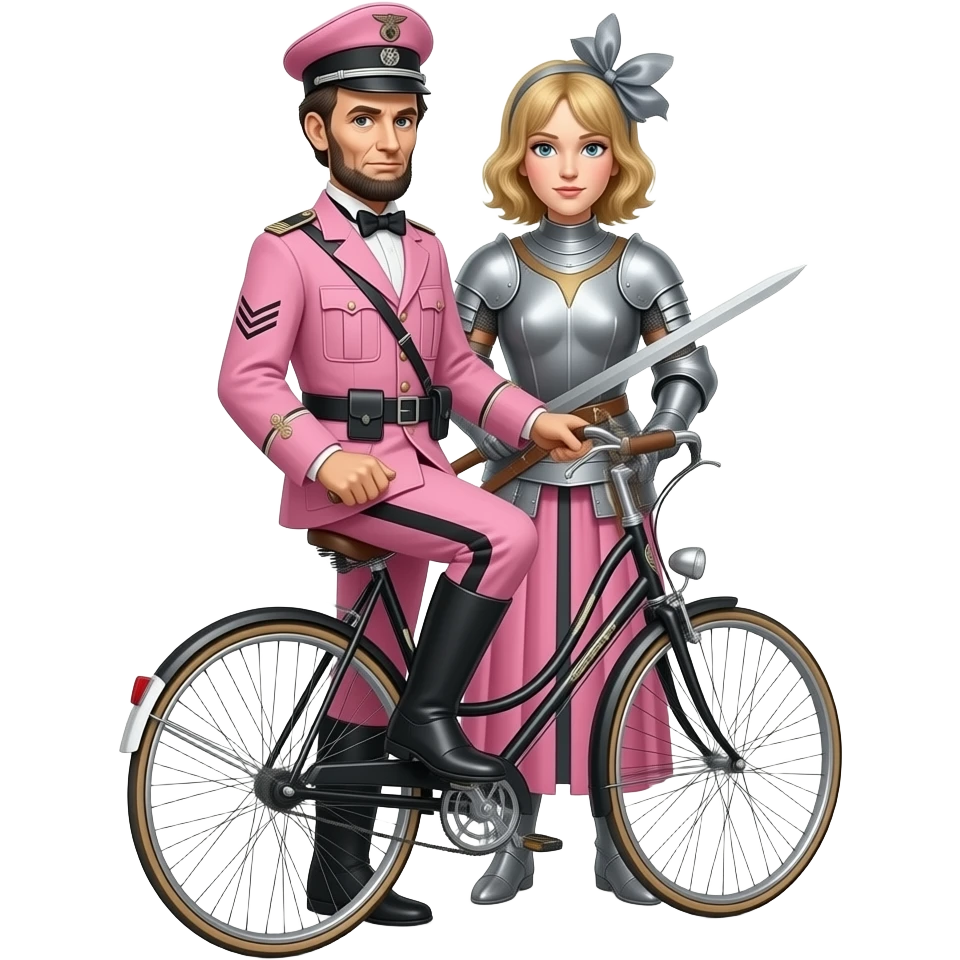 steampunk surrealistic - Abraham Lincoln in the pink German uniform of World War II transports the thin and serious Joan of Arc on a vélocipède emoji