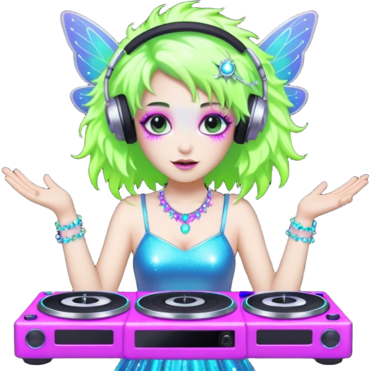  hard-techno-rave-fairy,-holding-a-dj-turntable,-wild-hair,-neon-sparkles,-minimal-background emoji