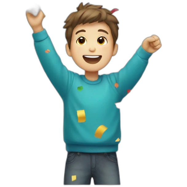 A boy celebrating with confetti emoji