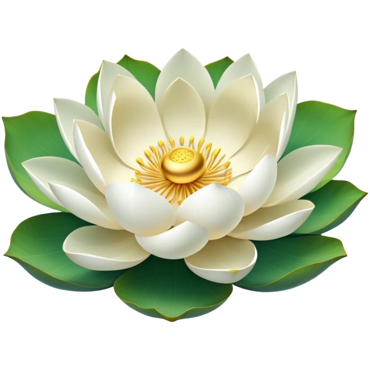 Pure white lotus flower with delicate pristine petals and golden center, accompanied by botanically accurate lotus leaf with distinctive notch and upturned edges emoji