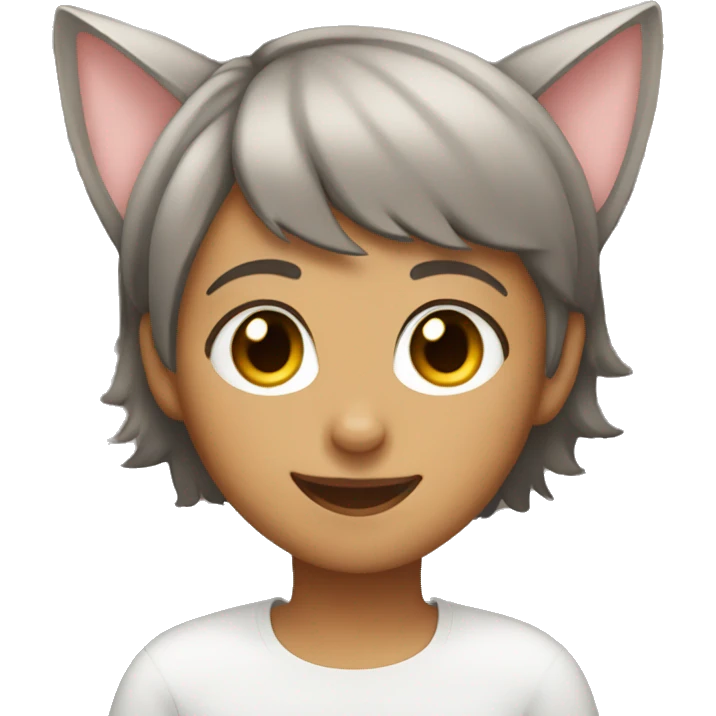 girl with short hair, brown eyes, smiling with cat ears emoji