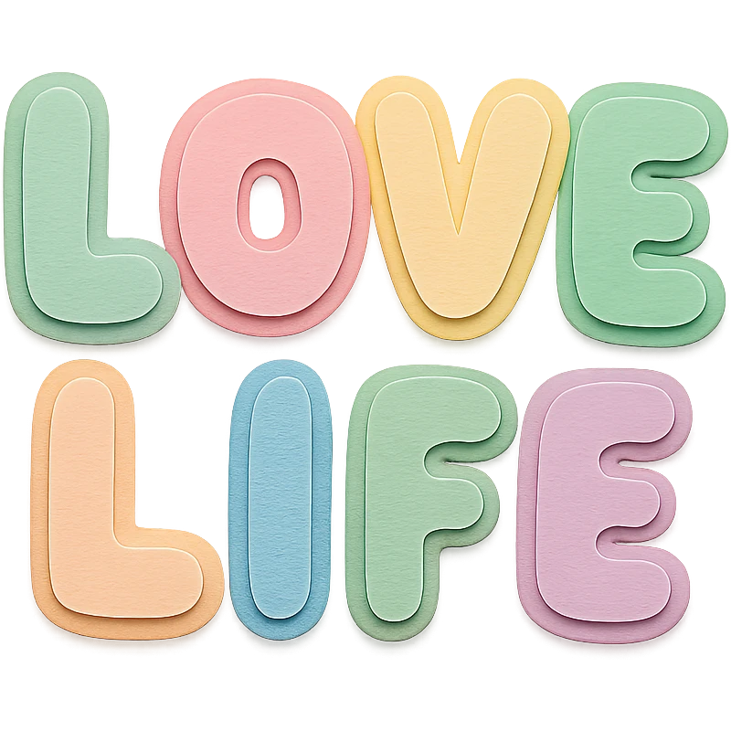 "Love Life" in soft pastel rainbow rounded puffy letters, cute kawaii style, no border, transparent background emoji