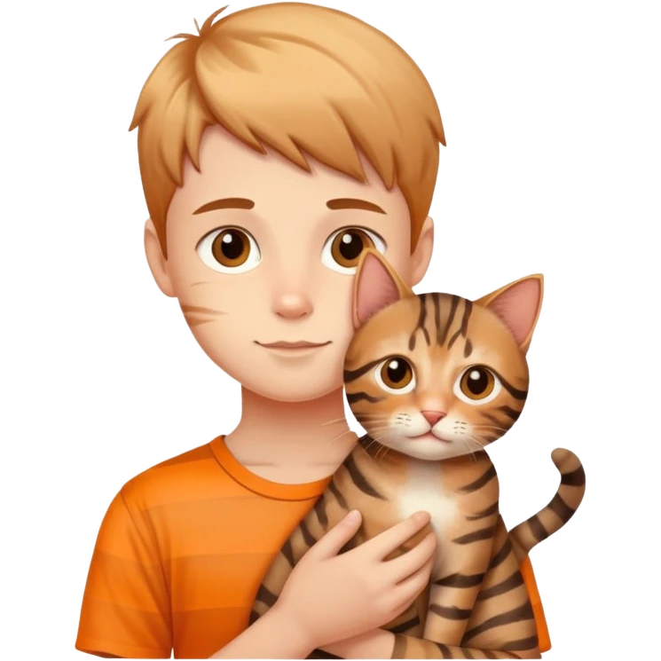 A young boy holding a cute tabby cat with orange and brown stripes emoji