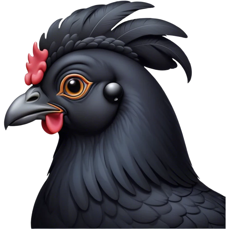 Cinematic Noble Black Chicken Portrait Emoji, Poised and regal, with a compact, sturdy build and a glossy, well-groomed pure black plumage, deep-set soulful beady eyes, Simplified yet sharp and sophisticated features, highly detailed, glowing with a soft, dignified glow, high shine, intelligent and alert, stylized with an air of mysterious elegance, focused and attentive, soft glowing outline, capturing the essence of a watchful and confident fowl, so majestic it feels as though it could strut out of the screen with effortless authority! emoji