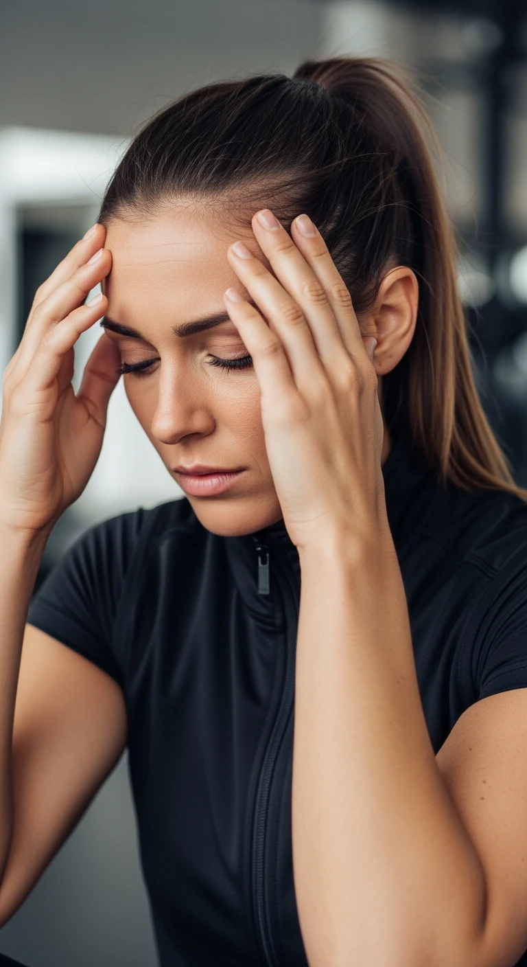 DONNA FITNESS STRESSATA CHE SI TIENE LE MANI SULLA FRONTE, IPERREALISTICA 4K emoji
