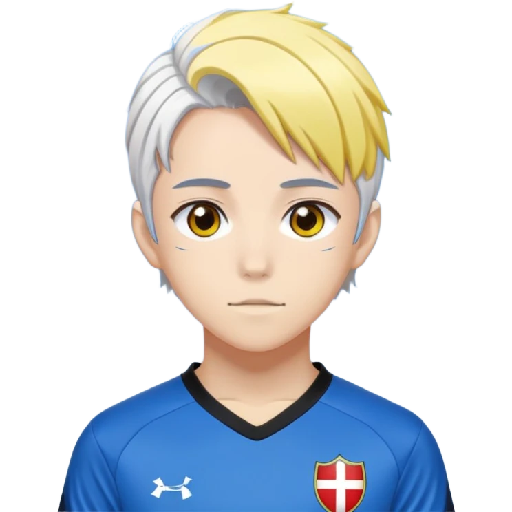 High school soccer player. Wears a uniform with red based and black on sides and yellow. His hair is a mixture of white on the top and blue on the bottom. He is a anime character from Bluelock and is Dutch. emoji