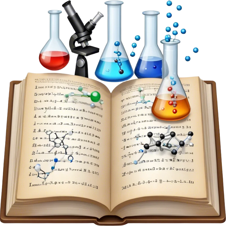Icon for Scientific and Educational Reading: an open book with mathematical and physical formulas on the pages, with molecules and atoms flying out. On the desk are test tubes, flasks, and a microscope. Transparent background. emoji