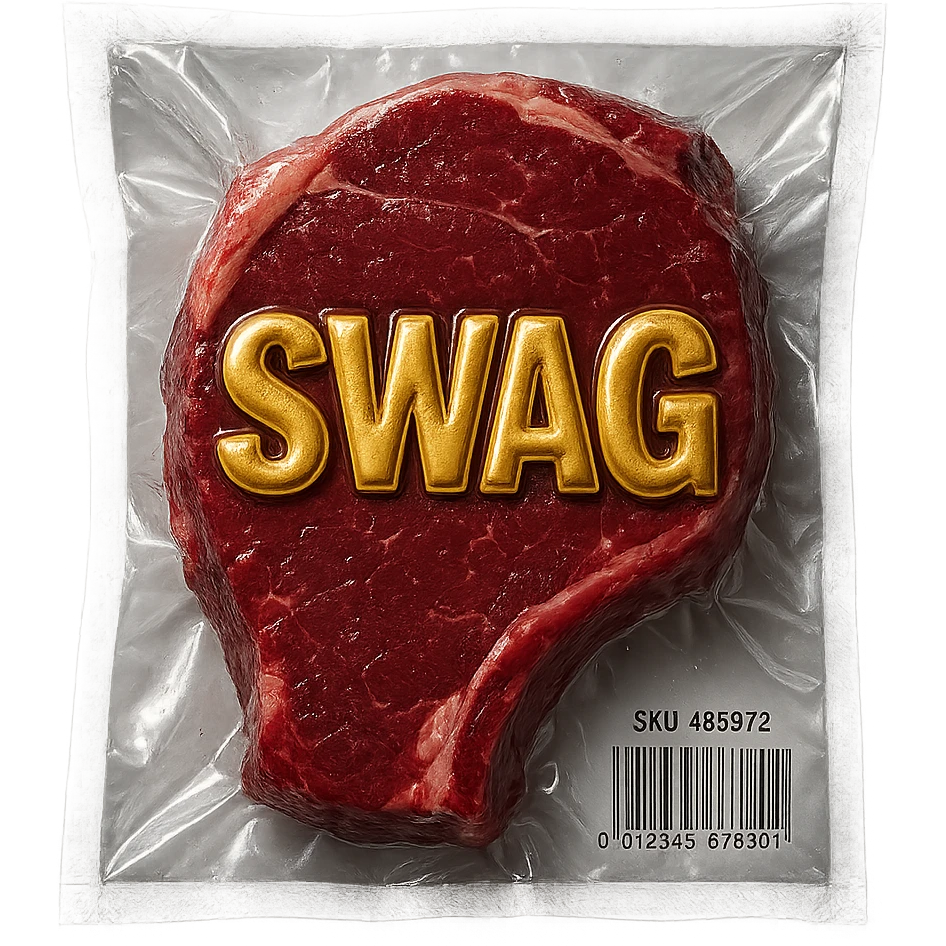 steak with gold embossed 'SWAG' text, glossy and puffy emoji
