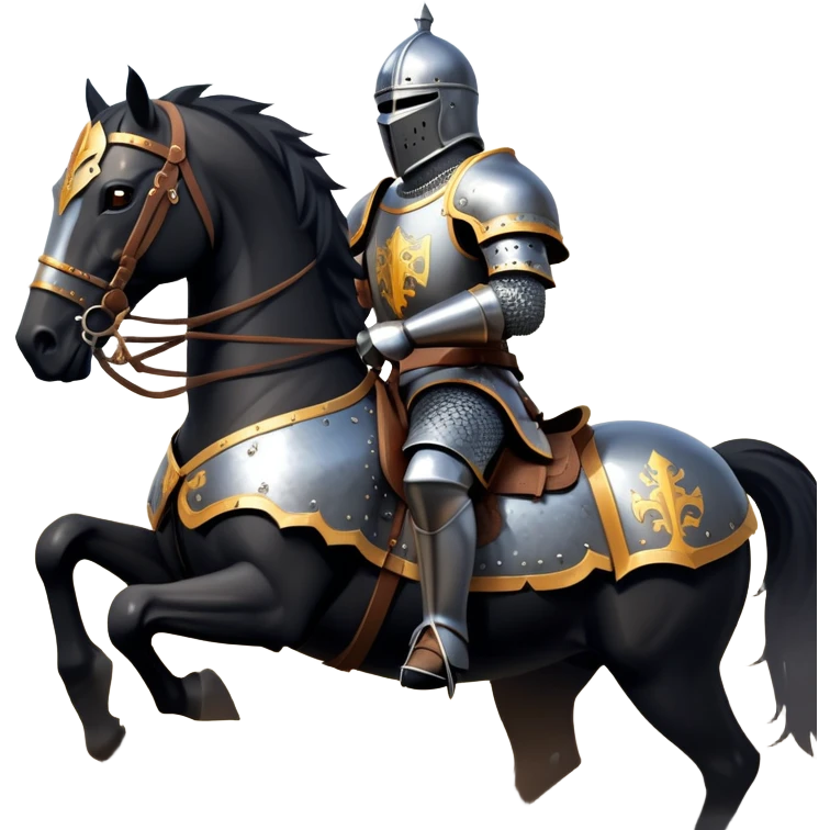 clash-of-clans-aesthetic_-cinematic-fearsome-and-majestic-knight-bust-portrait-emoji, rendered in a flat, vector-style with minimal shading and bold, simplified shapes, depicting a battle-ready medieval knight with steely eyes and intricate armor, riding on a black warhorse looking regal reflecting sunlight over a misty battlefield. emoji
