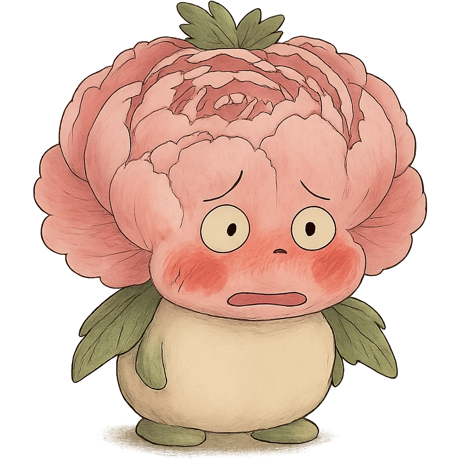 粉红牡丹花花，圆滚滚身体，脸颊通红，表情紧张的样子 emoji