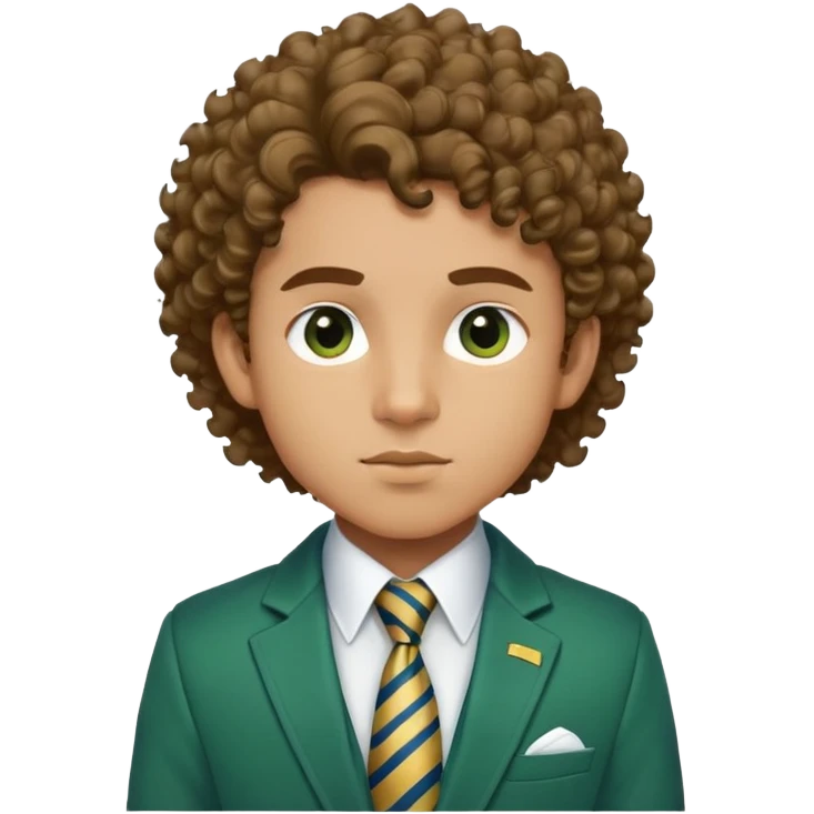 Make me an emoji of a boy with light brown skin, and his hair is voluminous and curly. And his chin is sharp with a nice jawline, and his eyebrows are more of rounded out eyebrows and they’re thick,but not too thick, and one of his eyebrows has a slit in it. And he’s wearing a green jacket with a white shirt poking out and the white shirt has a tie with gold and blue stripes on it  emoji