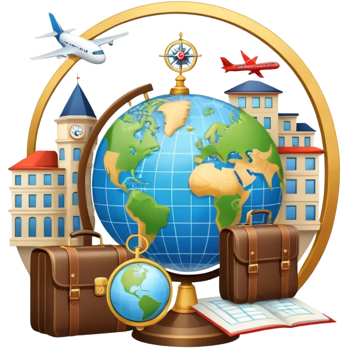 An icon featuring a hotel building, and a globe, symbolizing the scientific study of tourism and hospitality. The design includes a map, a plane and train, a compass, and a checklist, representing travel planning and service management. Transparent background emoji
