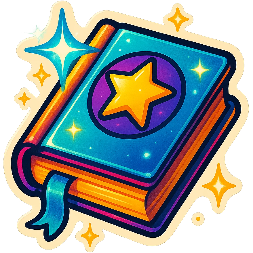 A retro sticker-style drawing of a magical book with energy, sparkles, and glowing effects, bold lines, dramatic shadows, and bright highlights for a lively collectible sticker feel emoji