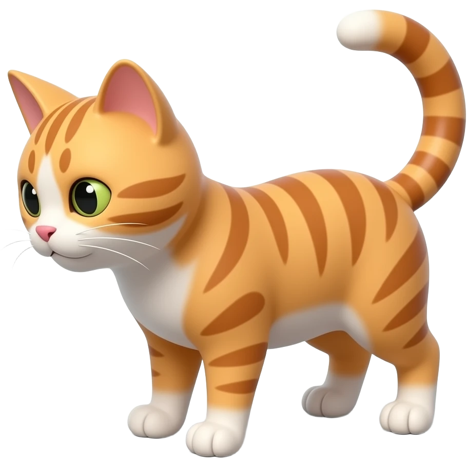 Glossy 3D rendered cat emoji on all fours, side profile, looking at a smartphone on the ground in front of it, slightly rounded edges, soft shading, white background emoji