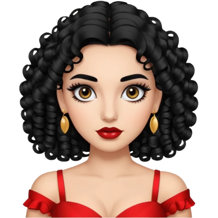 generate the emoji of a girl with fair skin, black hair, bombshell curls, black eyes, long false eyelashes, black eyebrows, latina makeup emoji