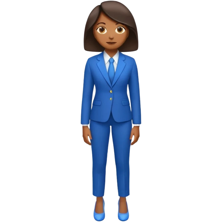 black woman in a blue smart suit and shoes, standing with hands by her side, looking to the left, emoji style emoji