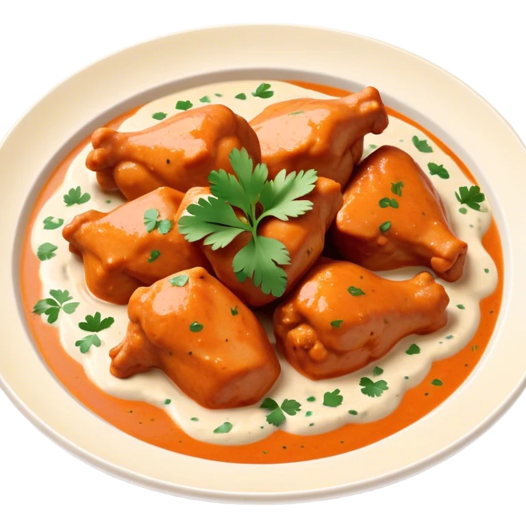 Butter Chicken Cinematic Realistic Butter Chicken Dish Emoji, depicted as tender chicken pieces sliced up and bathed in a creamy white sauce garnished with fresh cilantro, rendered with rich textures and vibrant, appetizing lighting. emoji