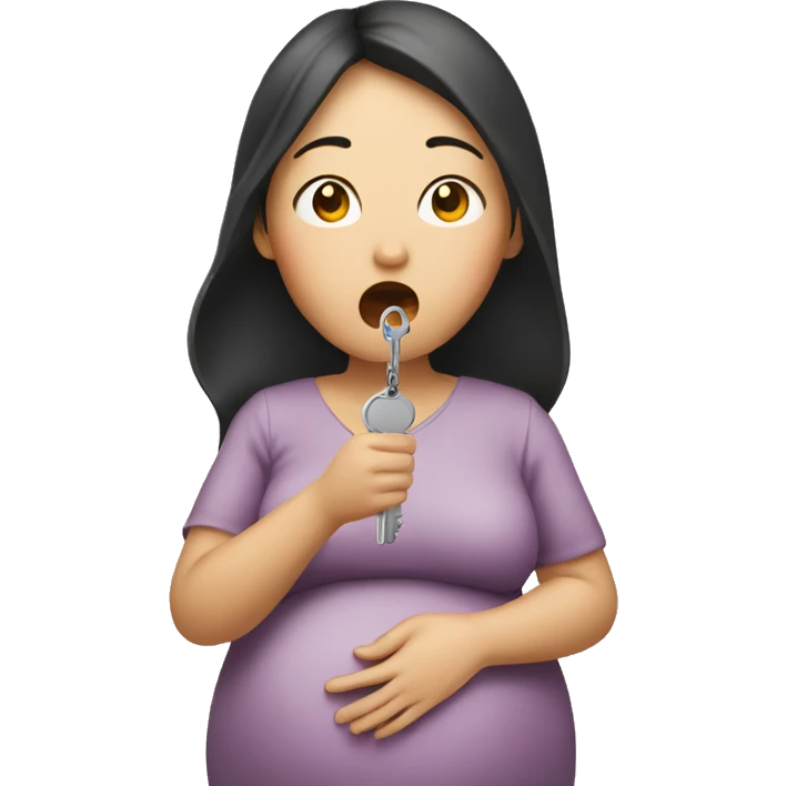 A pregnant Asian woman holds a key in her hands and her mouth is closed emoji