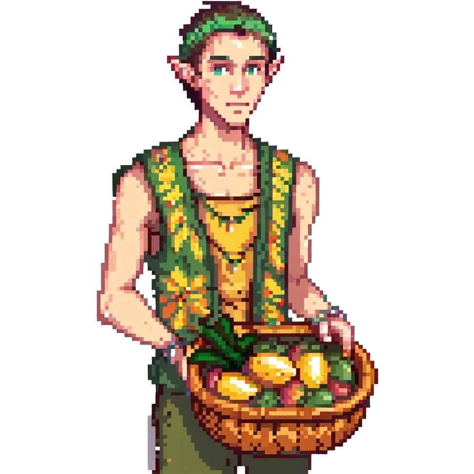 elf male Sleeveless vest with palm-leaf print, basket of exotic fruits (mango/lychee), sunburned nose. emoji