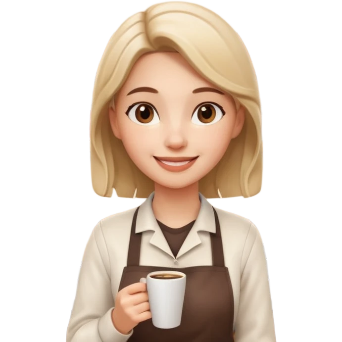 female barista portrait, head and shoulders only, wearing coffee shop apron collar, holding a takeaway cup near face, warm friendly smile, cozy cafe vibe, 3D cartoon, mobile game icon style, clean background, no text, no watermark
 emoji