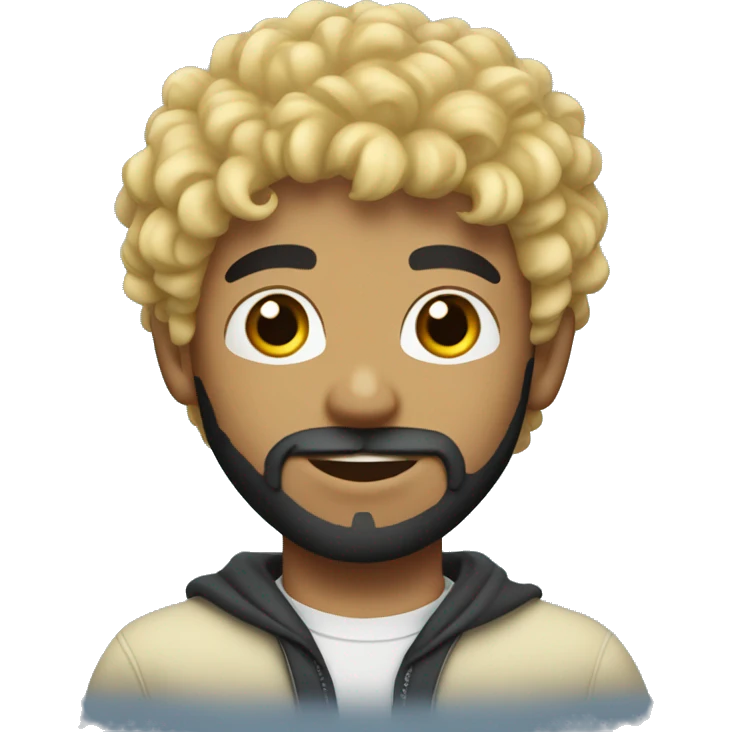 boy blonde with surfer curly hair and black beard, pronounced jaw emoji