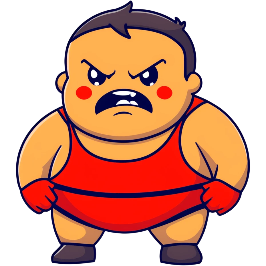 Close-up of white skin fat guy with young face, no muscle with prominent black durag, completely shaved face, no beard or mustache, black eyes in a red and black wrestling singlet with angry face emoji