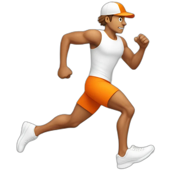 tanned man running with white shoes and orange cap emoji