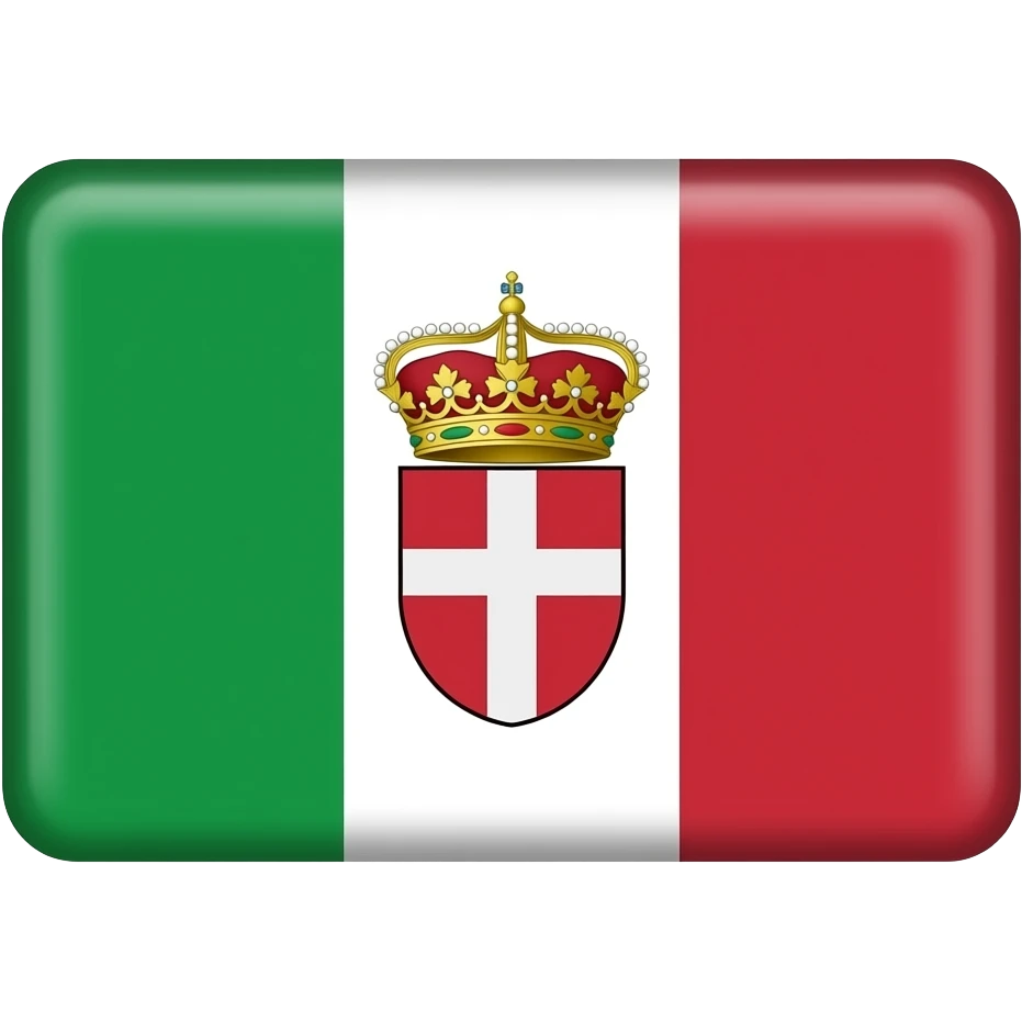 The rectangular flag of the Kingdom of Italy (1861–1946) was a vertical tricolor of green, white, and red, with the Savoy coat of arms (a white cross on a red shield) centered on the white stripe. A royal crown often topped the shield for official and military versions. emoji