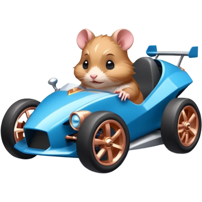 dark crystal blue and rosegold-accented faceted-body electric racing car driven by a small cute but fearless hamster with rear spoiler, roll bar, and wheely bar emoji
