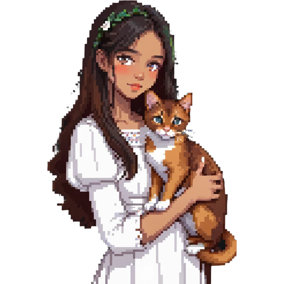 beautiful girl with long black hair wearing a white dress holding an Abyssinian cat with reddish-brown fur in her arms emoji